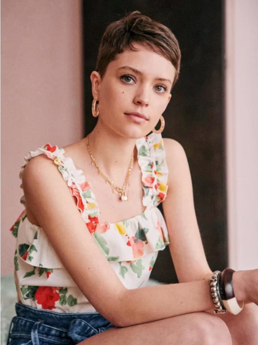 Sezane White Floral Ruffle-Strap Camisole